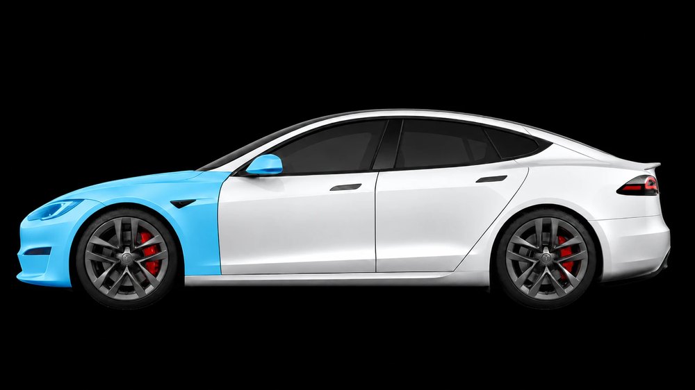 Tesla with full front paint protection film coverage highlighted